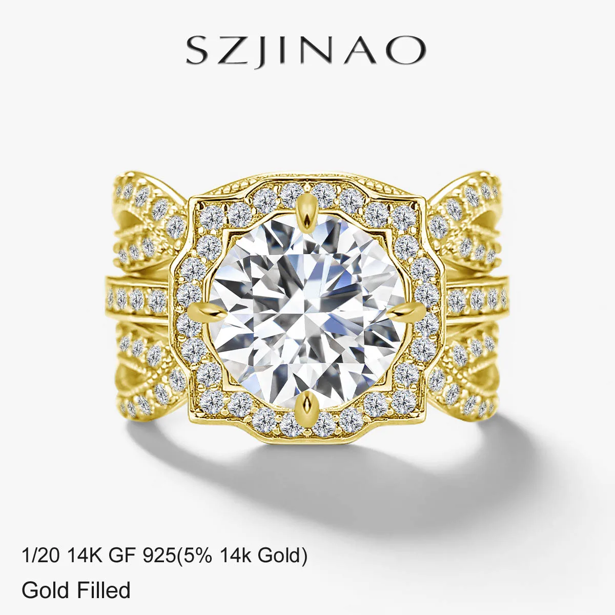 Комплект из 2-х штабелируемых колец из золота 14K с муассанитом, круглый, 3 карата, цвет D, Au585, ретро, роскошное обручальное кольцо для женщин, ювелирные изделия для помолвки