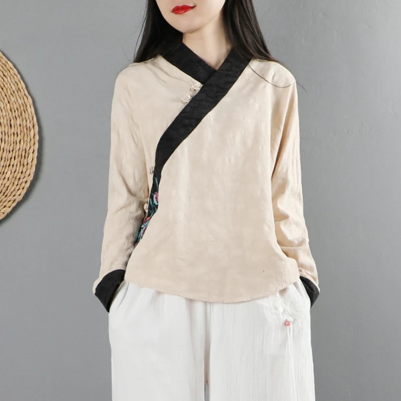 Sle cinese ricamato in cotone e lino irt Top da donna con bottoni Abbigliamento da tè Pendolare Sle V-Ne Lungo Sve Vestibilità regolare