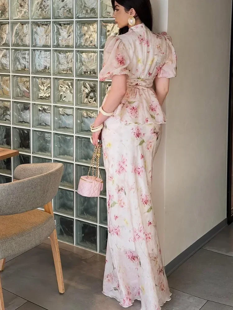 

Floral Printed Slim Fit Long Dress High Neck Pleated Short Puff Sleeves Women Summer Dresses 2026 Lady Chic Cusual Street Wear