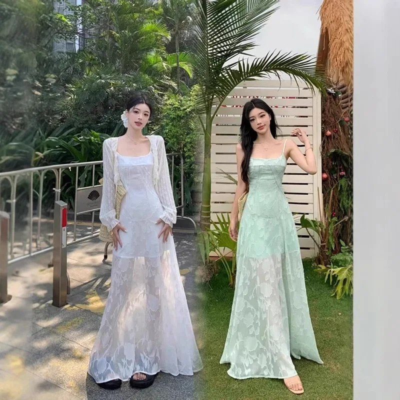 

French Style Camisole Dress for Women in Summer New Style for Spring Beach Vacation Waist Cinching Long Skirt