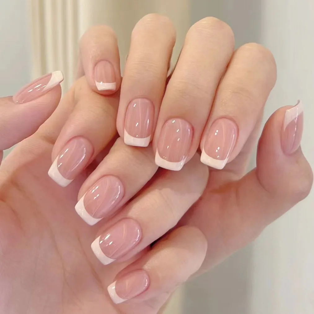

Short Square French Press On Nails, Nude Pink Base White Tip, Classic Natural Fake Nails for Daily Wear