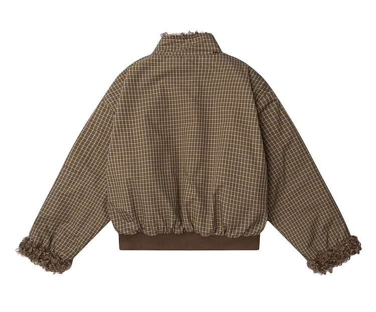 Outono inverno retro reversível gola xadrez café cor jaqueta de algodão americano high street cinza casaco de lã de cordeiro feminino