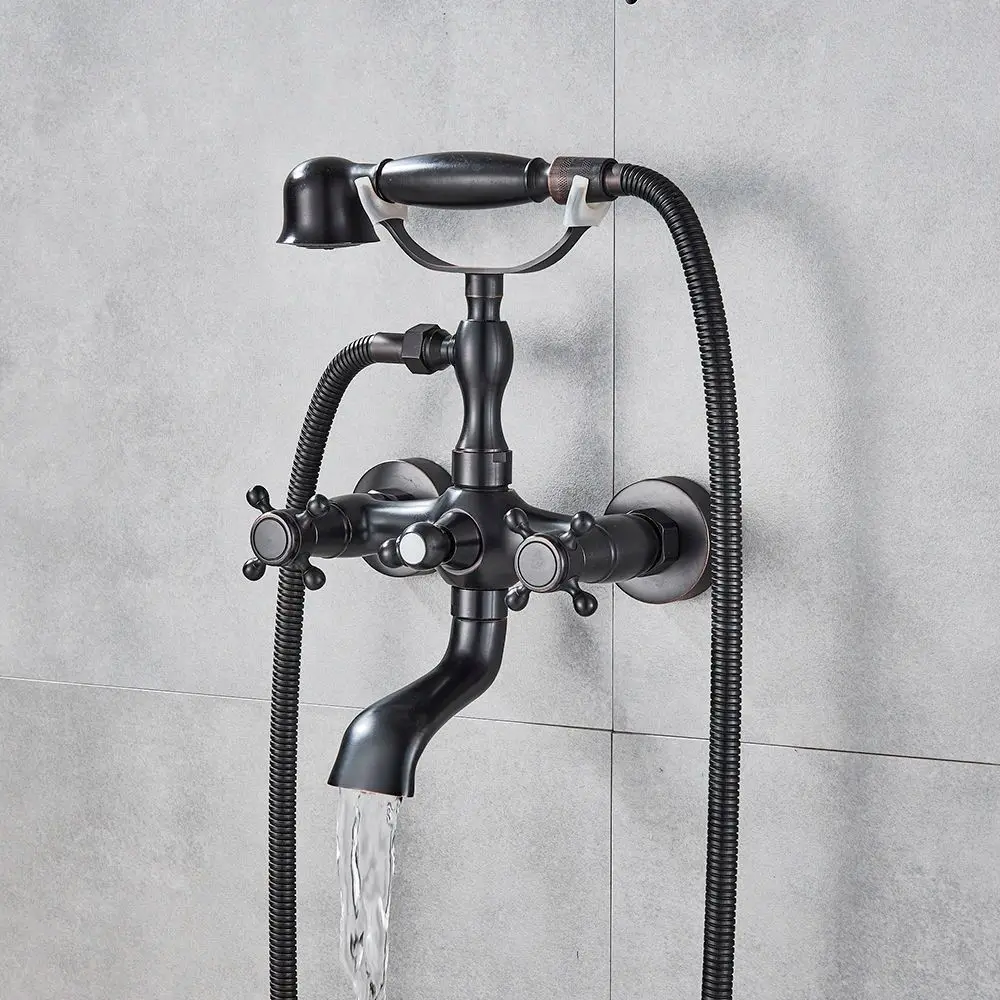 

Black Oil Rubbed Brass Shower Faucet Set W/ Tub Spout Hand Shower Wall Mounted Hot and Cold Mixer Tap Bathroom Faucets ZD497