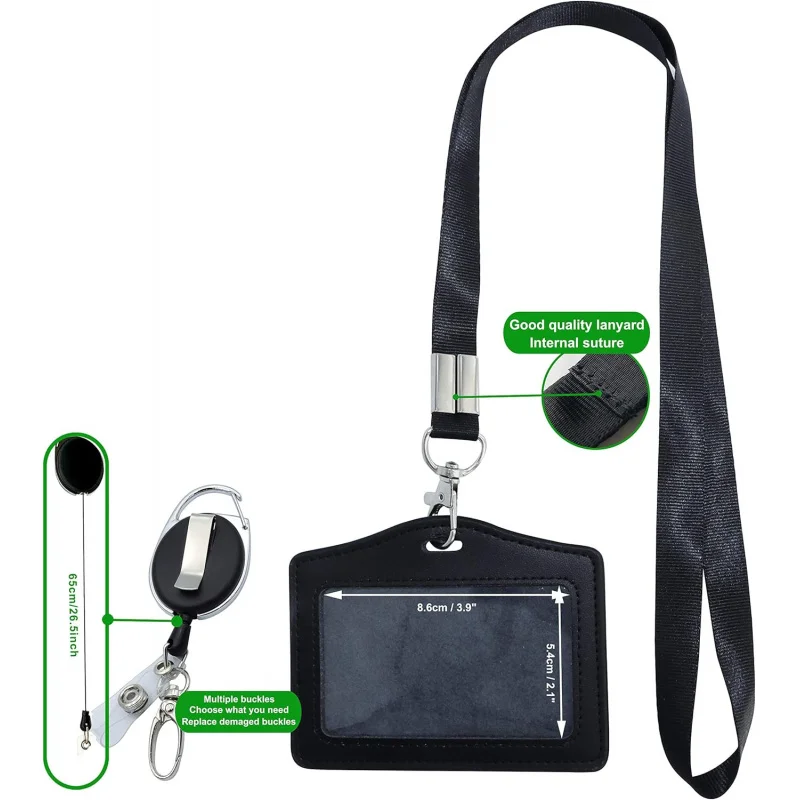 ID Card Holder+Lanyard+ID Card Holder，With retractable reel、Carabiner and plastic clip（Genuine leather horizontal style black）：O