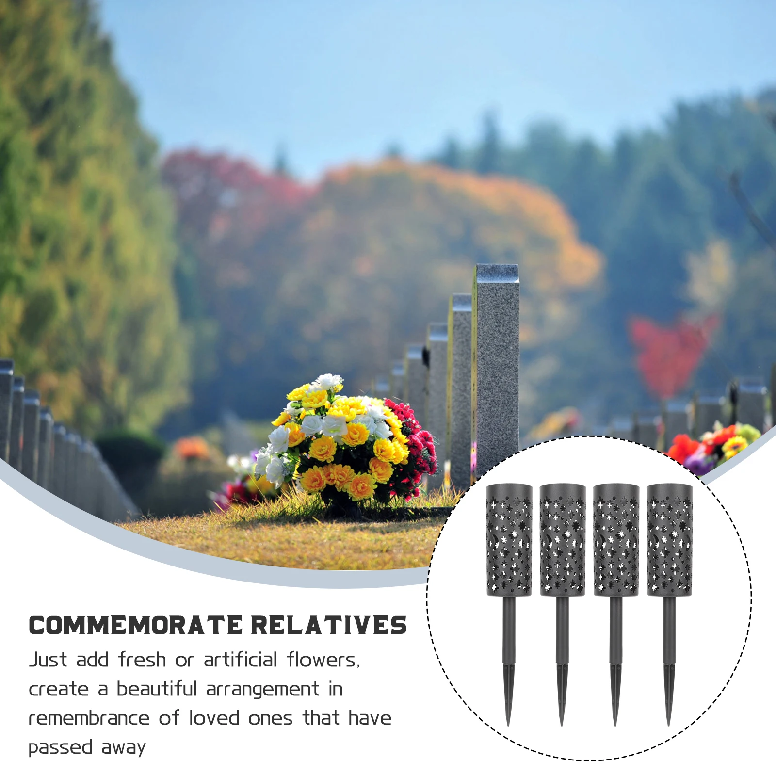 

4 Pcs Cemetery Hollow Vase Durable Plastic Grave Flower Pot with Spikes Lawn Decoration Funeral Event Artificial Flowers Outdoor