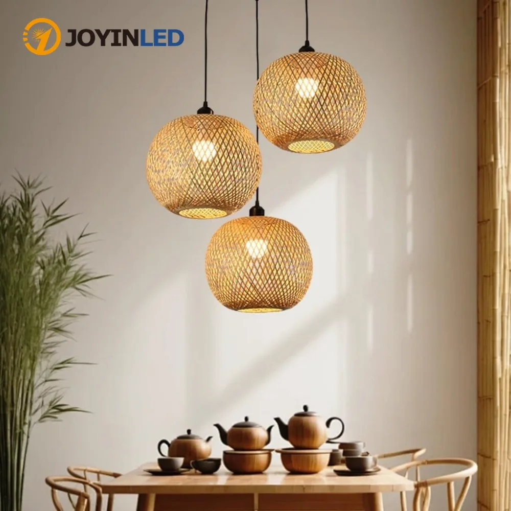 

Подвесной светильник JOYINLED из бамбука, плетеная люстра, бамбуковый абажур в стиле бохо, винтажная потолочная лампа, декоративный потолочный светильник 20 см