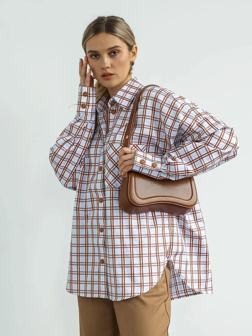 

Elegant Lapel Office Plaid Blouse Women Vintage Loose All-match Shirts Casual Long Sleeve Tops Female Blusa Clothing