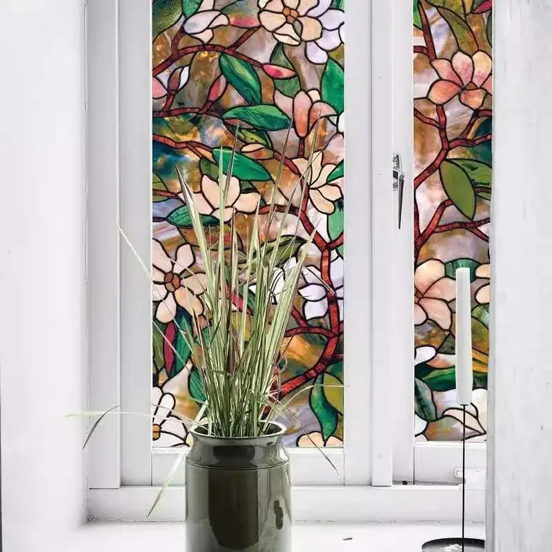 Window Privacy Film  Magnolia Window Film stickers Non Adhesive Static Cling glass Stickers Sun UV Blocking Heat