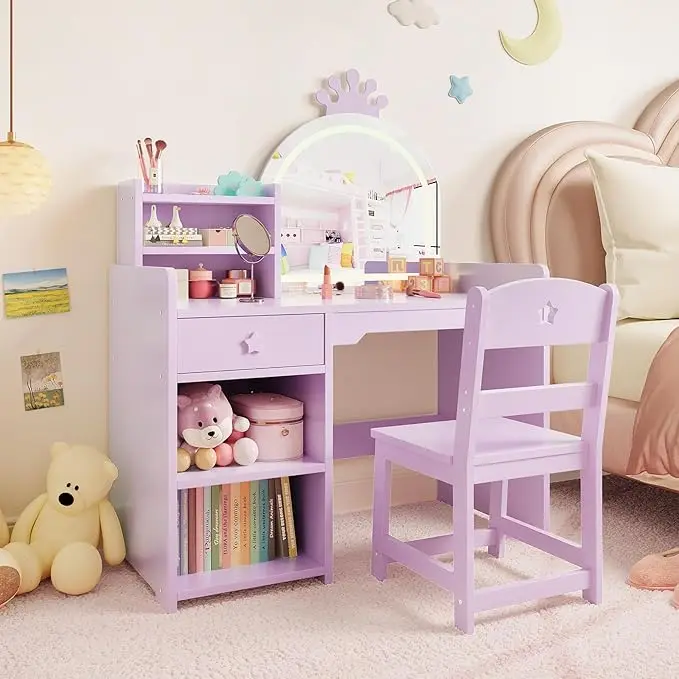 Kidswith Lights, 2 in 1 Princess Makeup Vanity Desk Toddler Vanity Table & Chair Set with Open Bookshelf for Little Gir