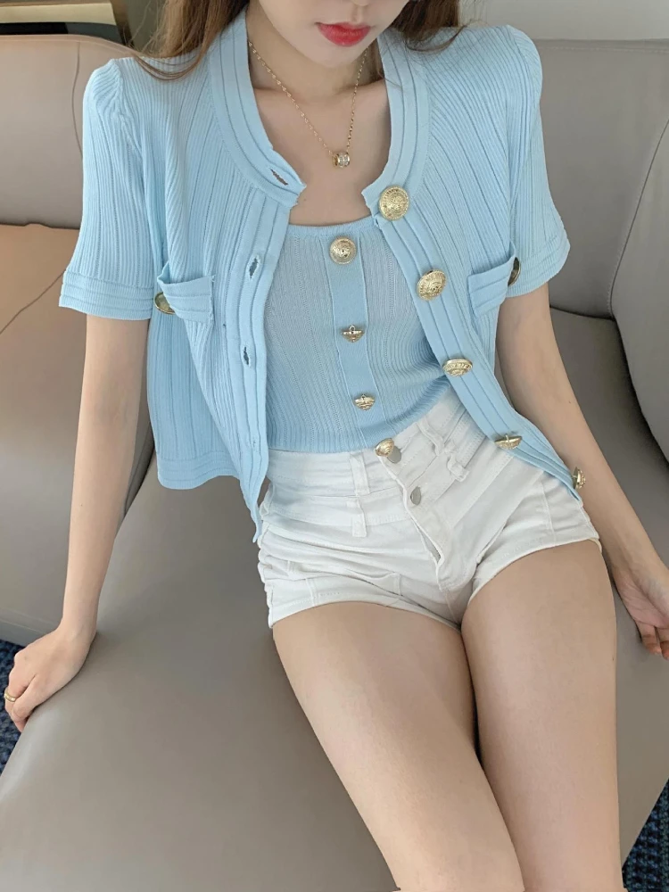 Fashion Knitted Shirt Women\'s Summer New Sweater Jacket Fit Metal Button Short Sleeved Knit Wears Top Female Trendy 2 Piece Sets