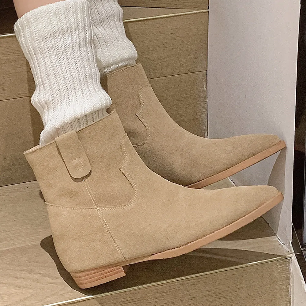 

Women's natural suede leather ankle boots pointed toe slip-on casual female autumn short boots soft comfortable shoes for women