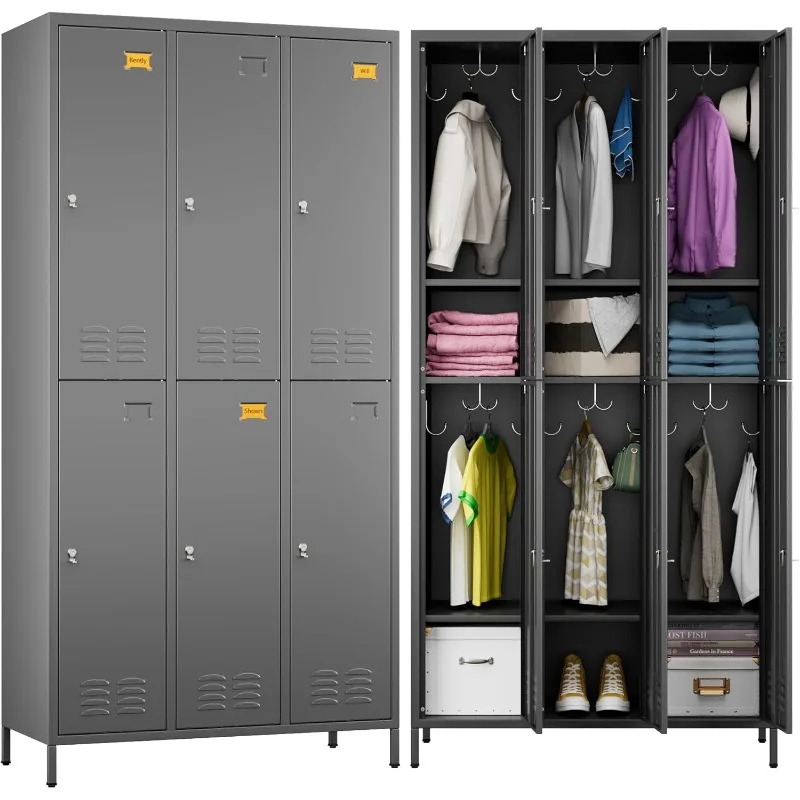 6 Doors Metal Lockers for Employees with 18 Hooks,Meta Storage Locker with Business Card Holder for School Office Gym Garage Hom