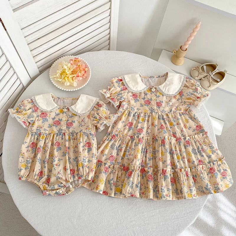 2026 Summer 0-24M Baby Girl Embroidery Collar Bodysuit 2-6Yrs Kid Sweet Party Short Sleeves Floral Print Dress Sister Dress