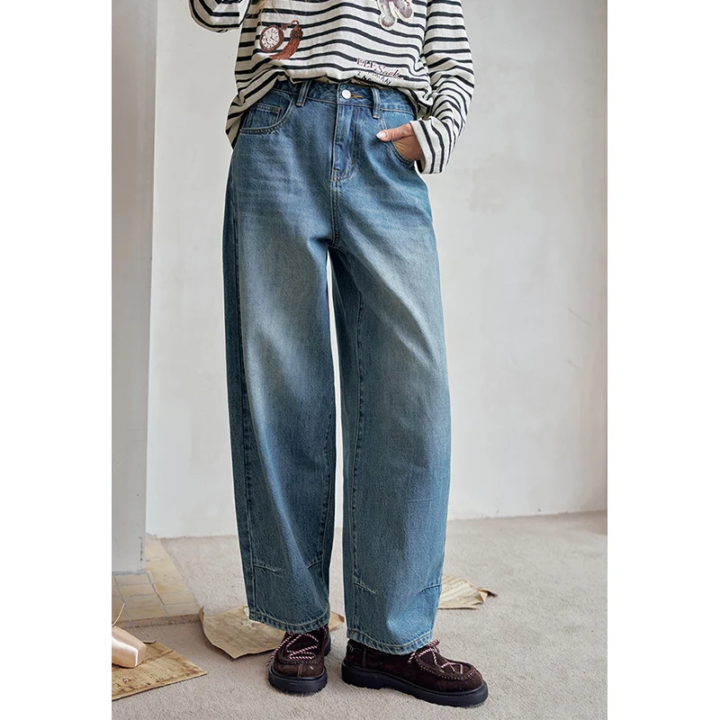 ELFSACK Women's Blue Loose-Fit Jeans with Front Pockets, Casual High Waist Denim Pants, Vintage Baggy Trousers for Everyday Wear