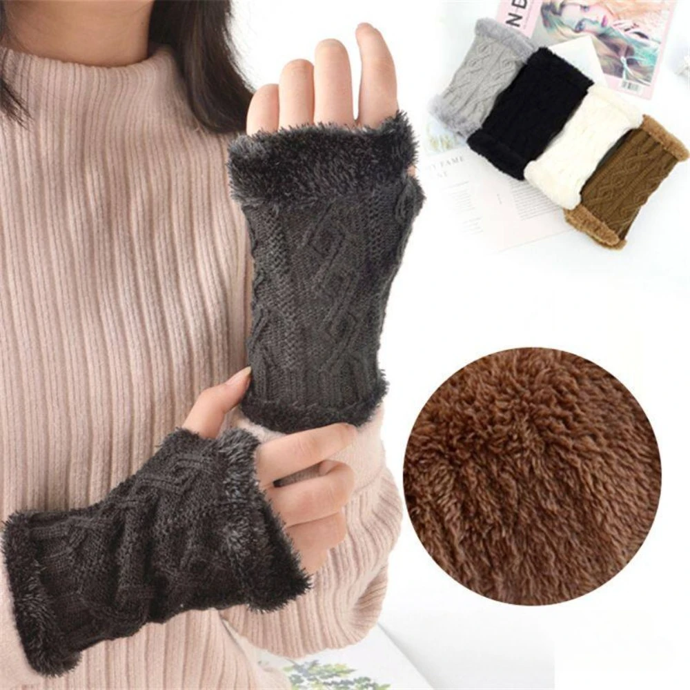 Damen Kurzarm Winter Flauschige Handschuhe Weiche Warme Halbfinger-Strickhandschuhe Elastische Ärmelüberzüge für Kaltes Wetter Fingerlose Handschuhe