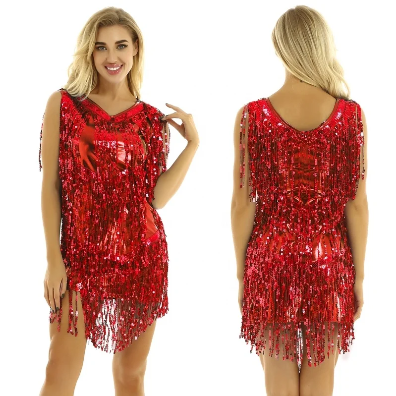 

Women's Sequin Tassels Latin Salsa Dance Dresses V Neck Sleeveless Tango Performance Latin Dance Dress