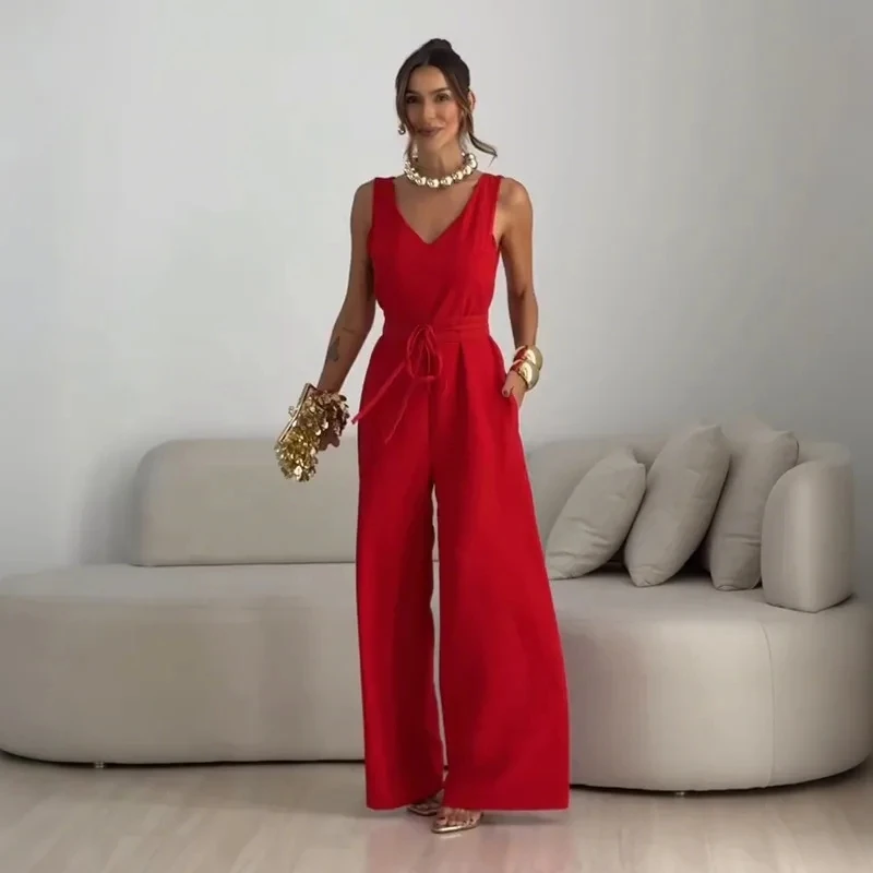 2026 Spring Summer New Womens Fashion Elegant Solid Color Sleeveless V Neck Tie Back Pocket Jumpsuit