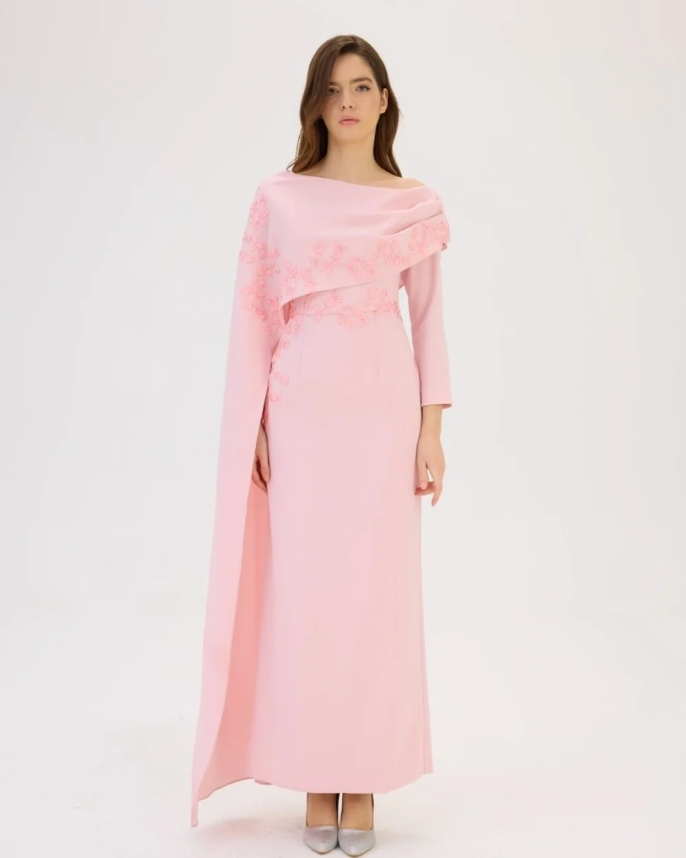 

Customized Pink Fashion Pastrol Jersey Applique Sequined Column Off-the-shoulder Ankle Length Evening Dresses for Woman Retro