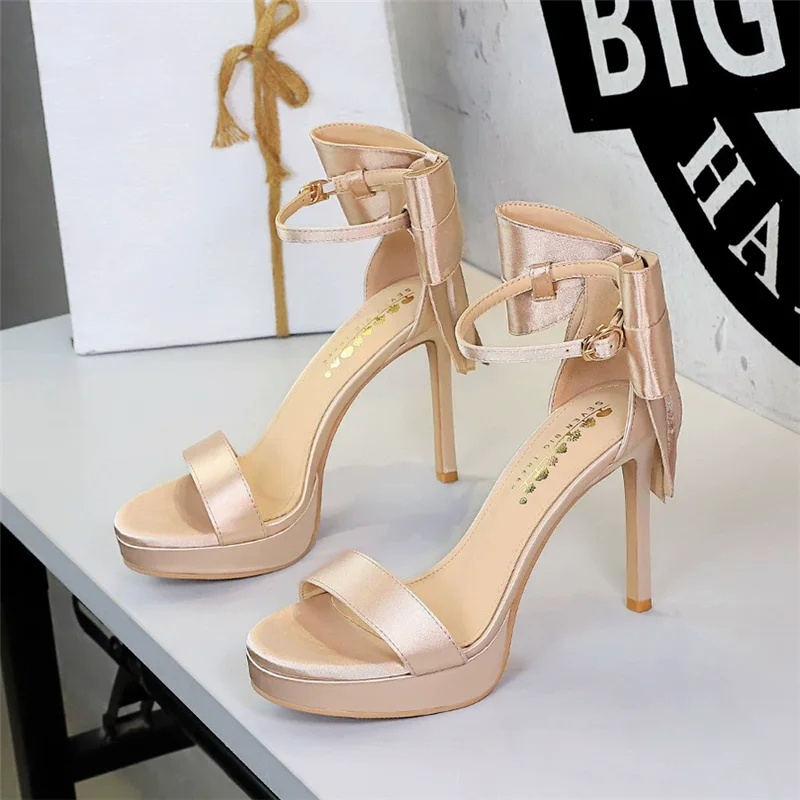 Summer New Round Head Silk Strap Bag with Back Bow Sandals Banquet Dress Stiletto High Heels Waterproof Platform Women's Shoes