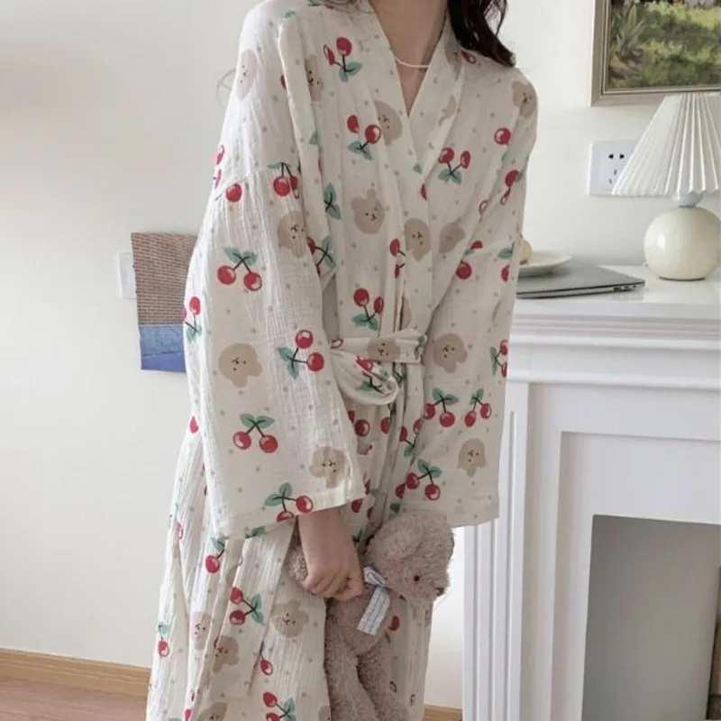 Bata Floral de algodón para mujer, ropa de dormir de manga larga, albornoz de ducha, Kimono, ropa de dormir bonita, Pijamas, batas