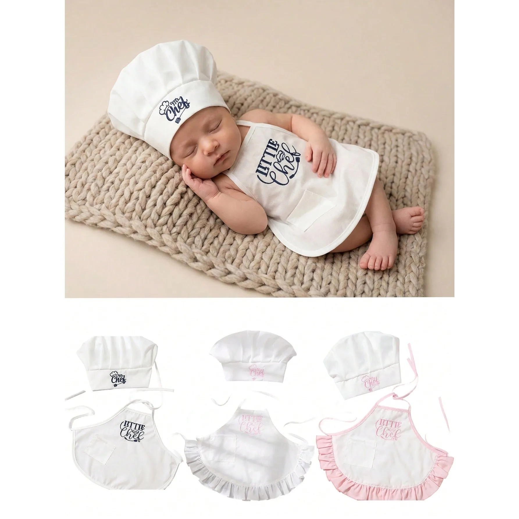 Newborn Photography Props Baby Chef Costume Set Pink Ruffled Apron Hat 2Pcs Infant Cook Baker Photo Shoot Outfit Studio