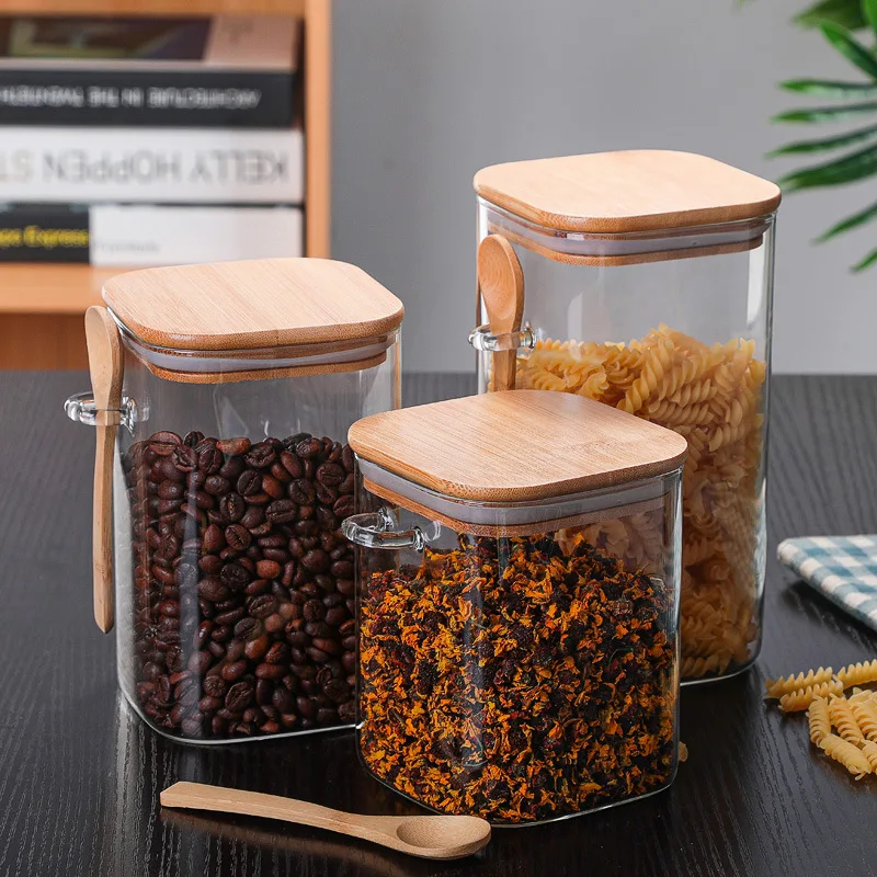 

Food Storage Glass Jar, Storage Jar with Bamboo Lid and Spoon, Clear Glass Container, Kitchen Supplies, Large Capacity