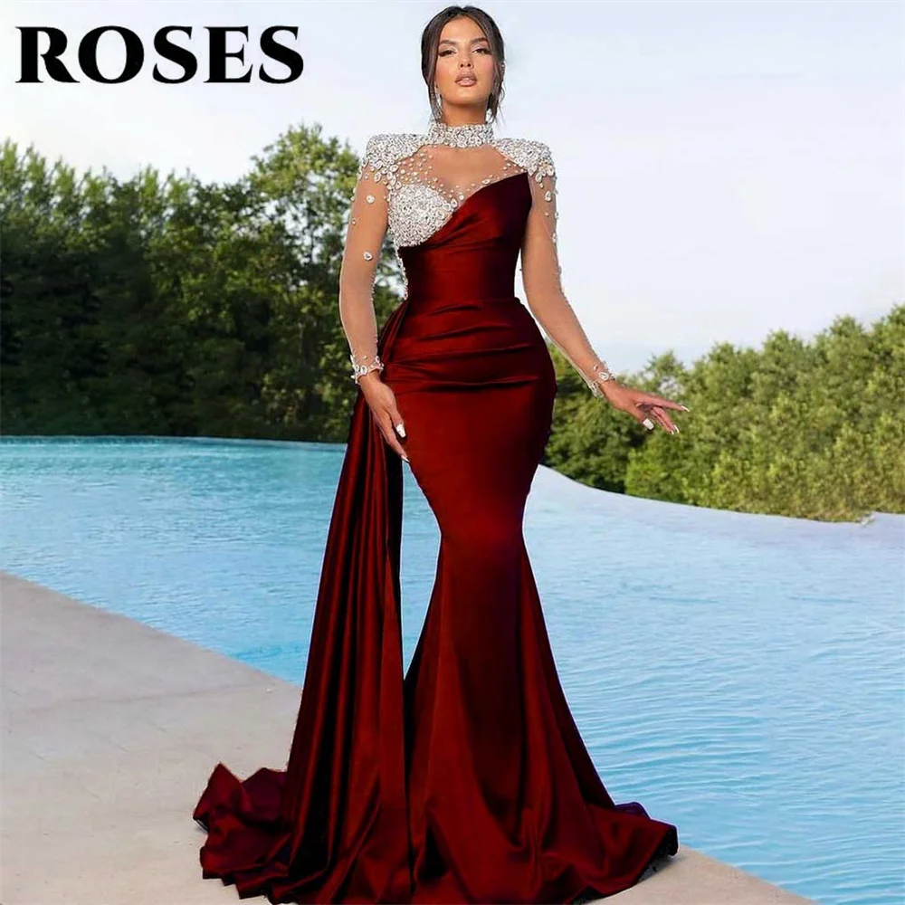 ROSES Purple Evening Dresses High Mermaid Party Dress with Pleats Satin فساتين مناسبة رسمية Regular Sleeve Crystal Prom Dresses