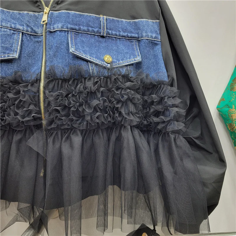 MooQ-Veste en denim à manches longues pour femme, blouson à ourlet en maille épissée, avec fermeture éclair, style décontracté, collection