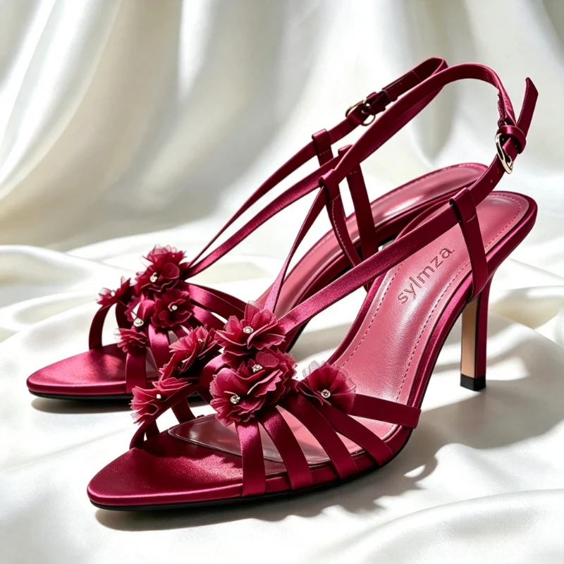 Sandalias de tacón de aguja decoradas con flores de cristal ostentosas para mujer, elegantes tacones con talón descubierto de satén Burdeos, zapato de diseñador con hebilla abierta Sexy