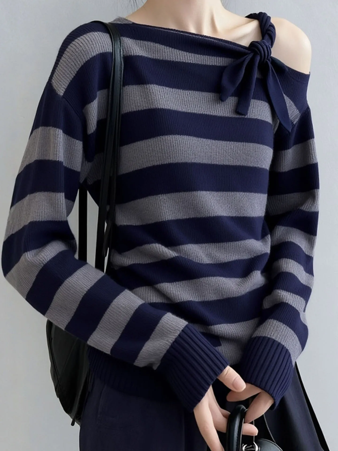 oulder Bared Striped Knitwear Thi Long Sve Lazy Sle High End Feeling Autumn Winter Women's Sweater Korean Loose Fit