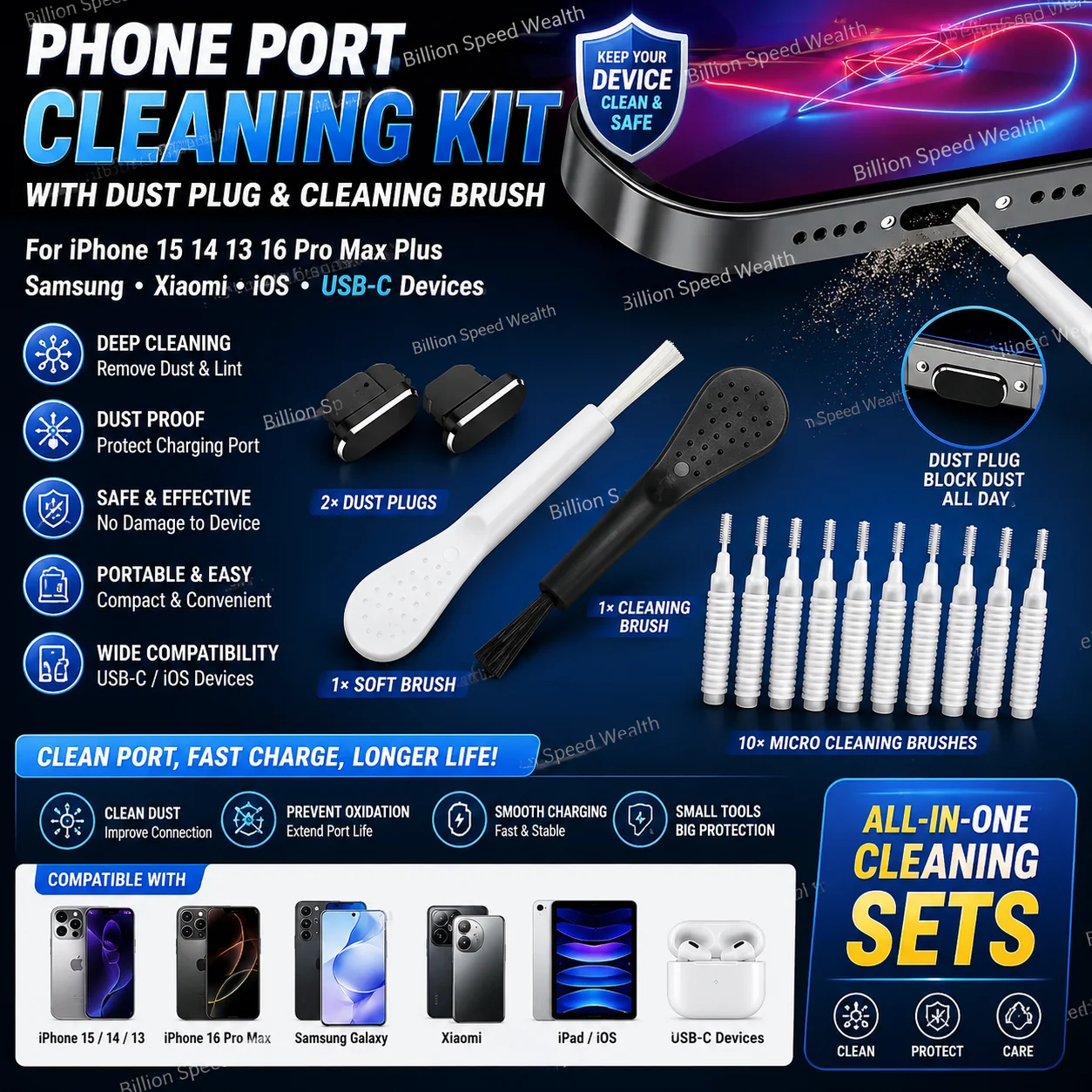 Cell Phone Charging Port Dust Plug with Cleaning Brush for IPhone 15 14 13 16Pro Max Plus Samsung Xiaomi IOS Type C Cleaner Set