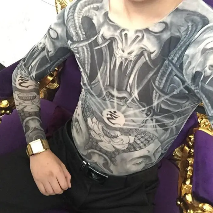 Autumn Fashion Dominant Men's Long Sleeve Tight Body T-shirt Dragon 3D Print Tattoo Alternative Nightclub Trendy Body Tee