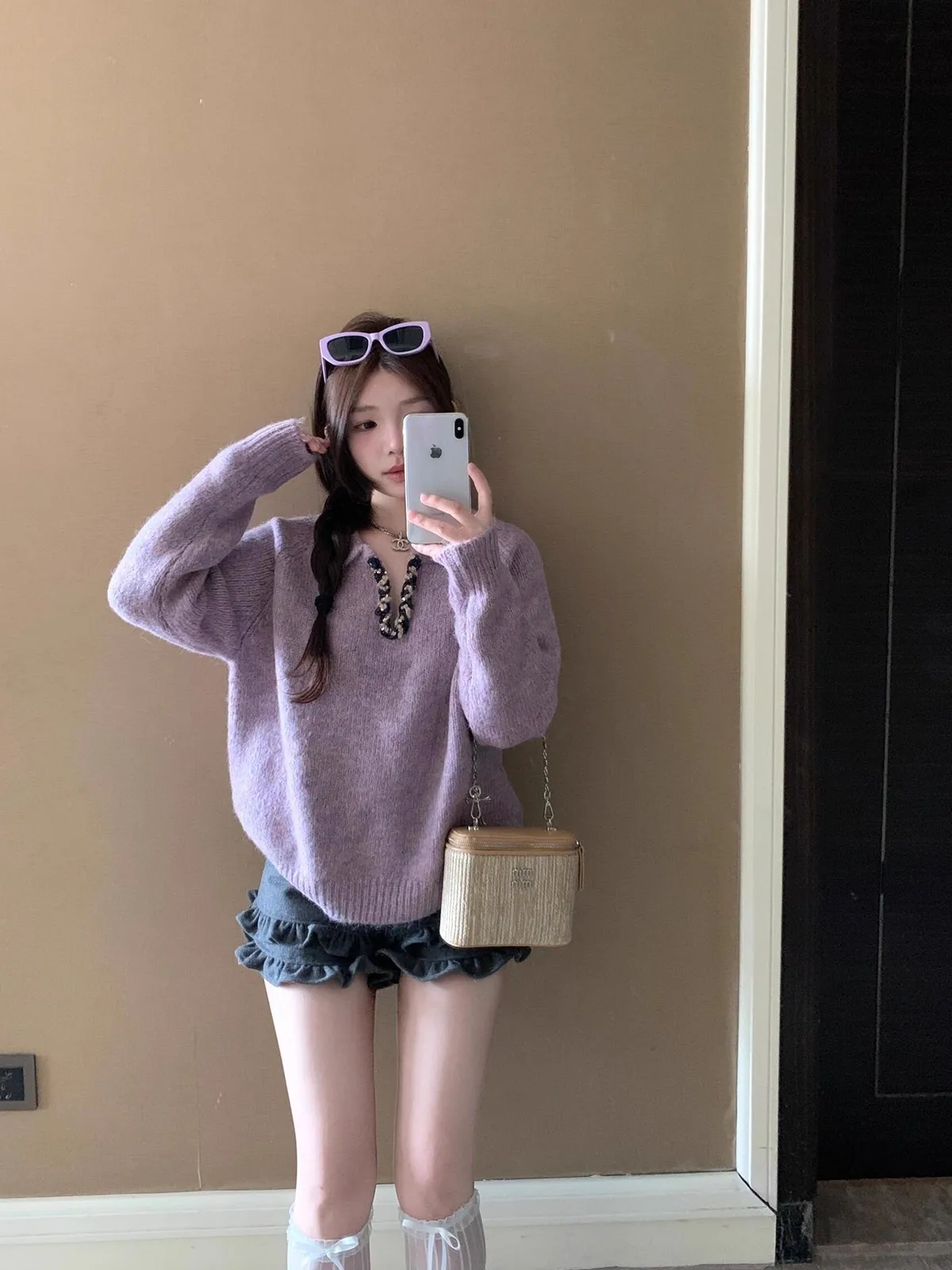 

Мягкий фиолетовый женский вязаный свитер V-Ne Long Sve, свободный удобный осенне-зимний трикотаж Faion Lazy Sle, топ