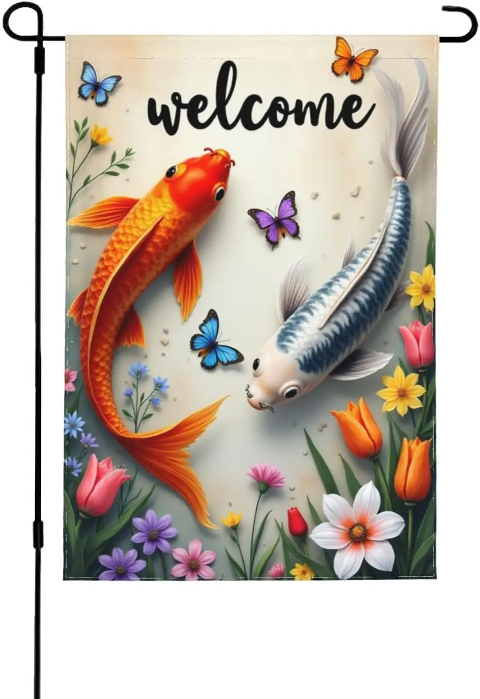 Welcome Koi Fish 12X18 Inch Double Sided Spring Summer Butterfly Floral Koi Pond Garden Flag For Outdoor Yard Lawn Patio Por yyi