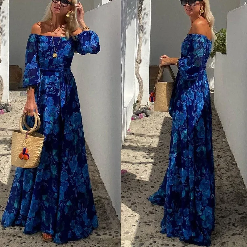 

Summer Boho Vacation Blue Floral Print Sexy Dress 2025 Autumn New Off Shoulder Elastic Waist Party Long Dresses For Women Robe