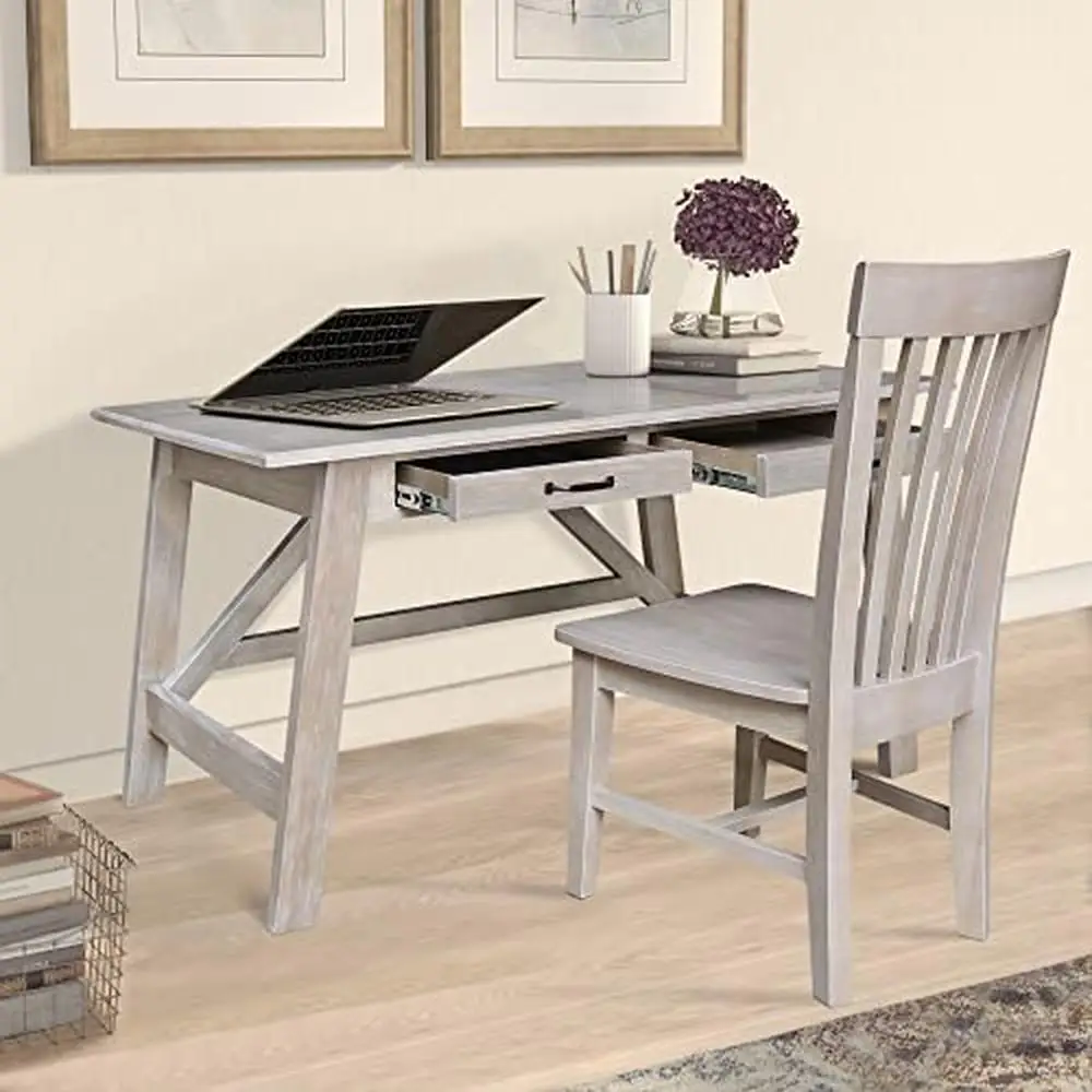 Solid Hardwood Desk with 2 Drawers and USB Port Chair Washed Gray Taupe 54"x26"x30" IC Desk Set Contemporay Design 91 lbs