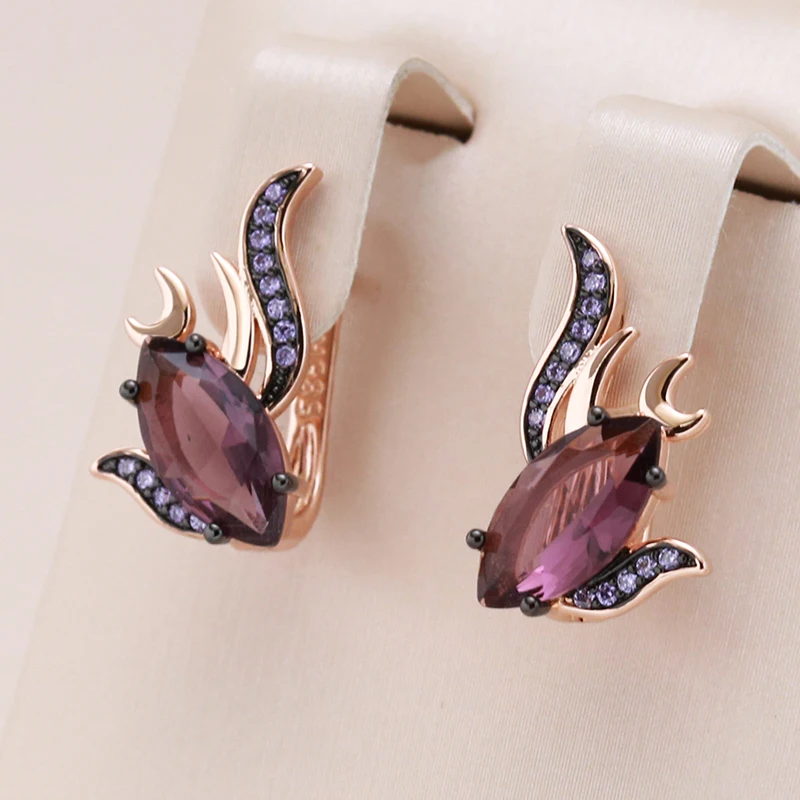 Kinel Hot Purple Natural Zircon English Earrings for Women Unique 585 Rose Gold and Black Plating Vintage Wedding Jewelry