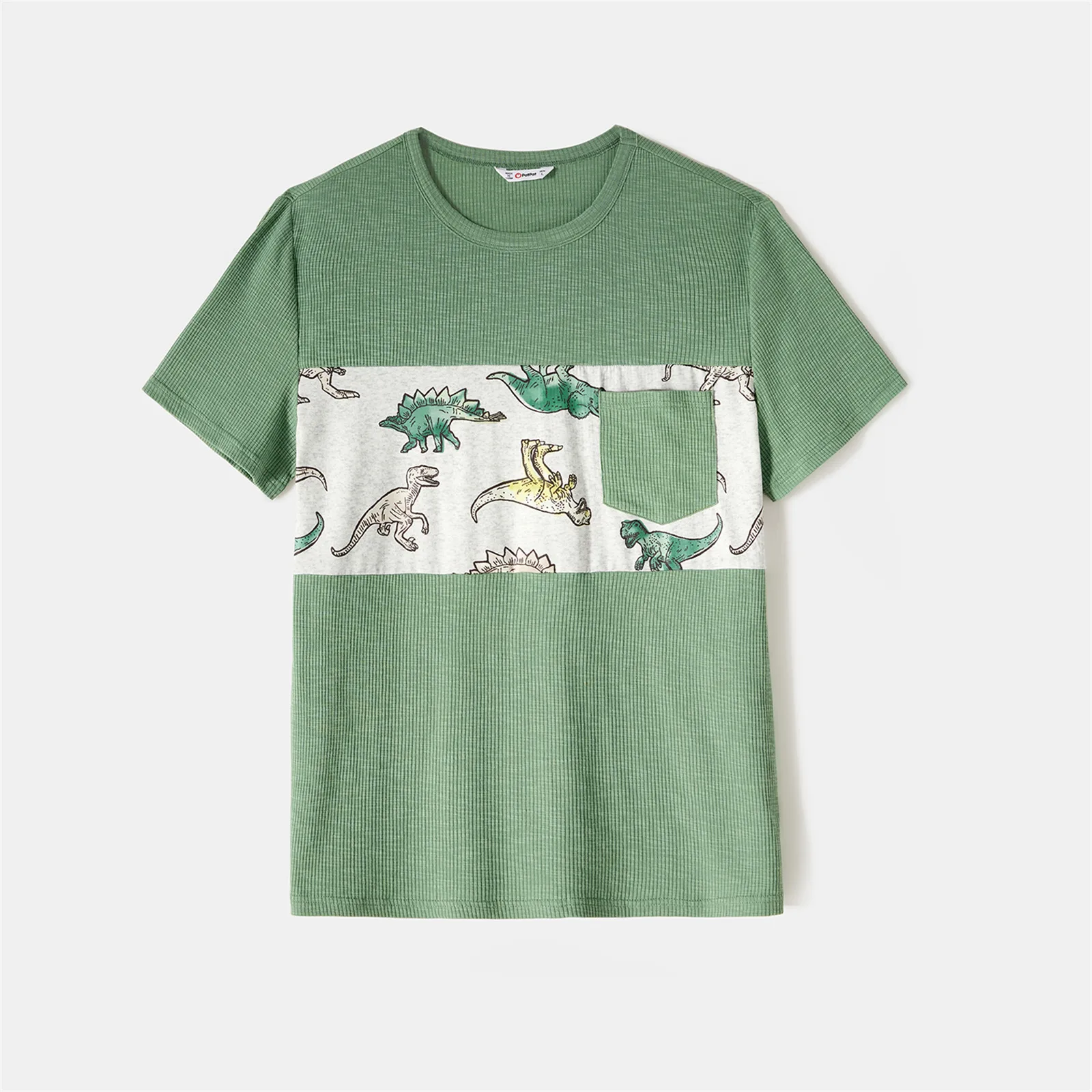 PatPat Family Matching Green Rib Knit Spliced Allover Dinosaur Print Dresses and Short-sleeve T-shirts Sets