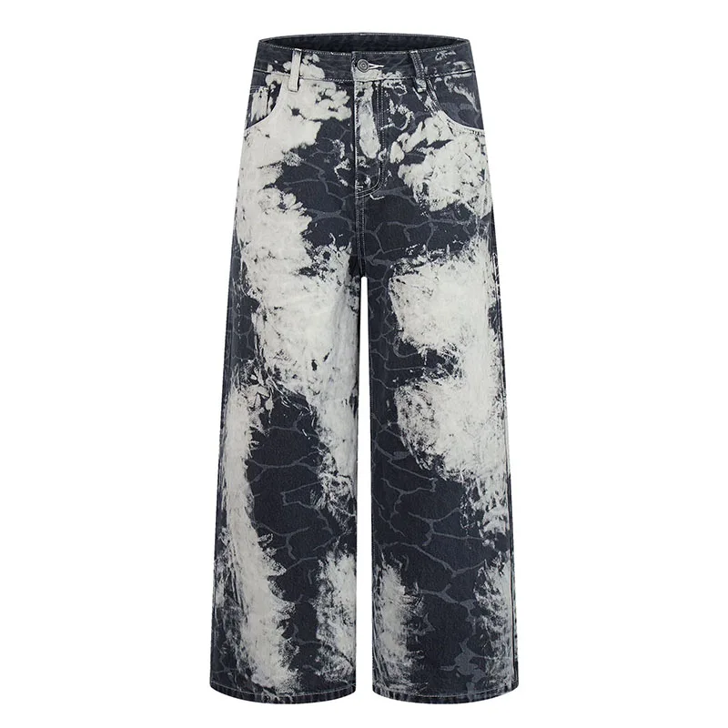 

Hip Hop Printed Tie Dye Jeans Pants Streetwear Straight Casual Denim Trousers For Male Black