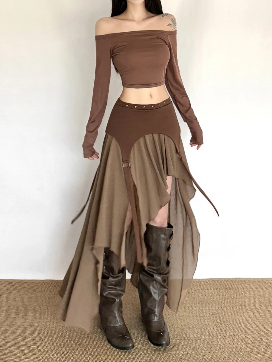 กระโปรงทรงเอวสูงสไตล์เรโทร ดีไซน์แปลกตา ทรงพลิ้วไหว กระโปรงยาวทรงเอ ไม่สมมาตร ผ้าโพลีเอสเตอร์แฟชั่น