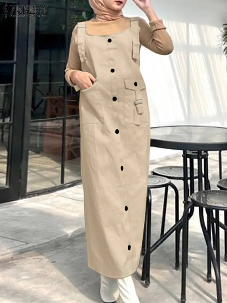 ZANZEA Fashion Eid Mubarek Muslim Dress Woman Sleeveless O-Neck Dresses Vintage Party Sundress Elegant Solid Strap Vestidos 2024