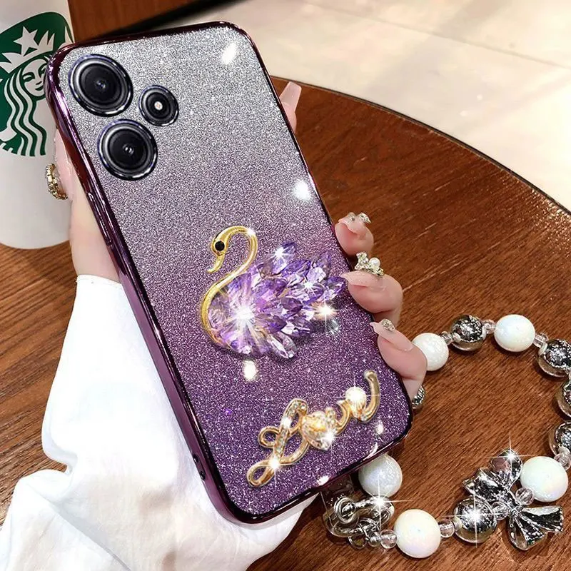 Luxury Diamond Swan 12 13C Case for Xiaomi Redmi 12 12C 13 13C Note12 poco X6 pro Mi 11T 14 ultra Bracelet Lanyard Cover Redmi12