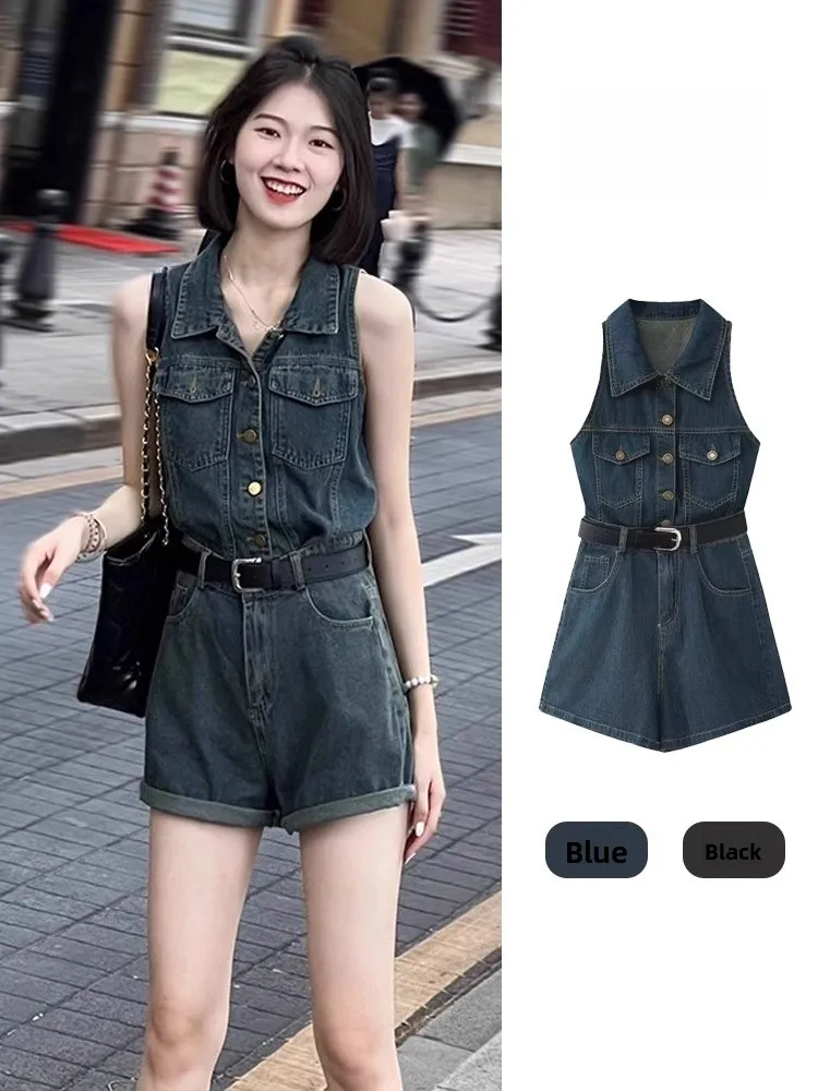 

Retro Svel Denim Overalls Women Summer Small Size Waist Cinch Wide Leg Pants Hot Girl Collar Workwear Pants