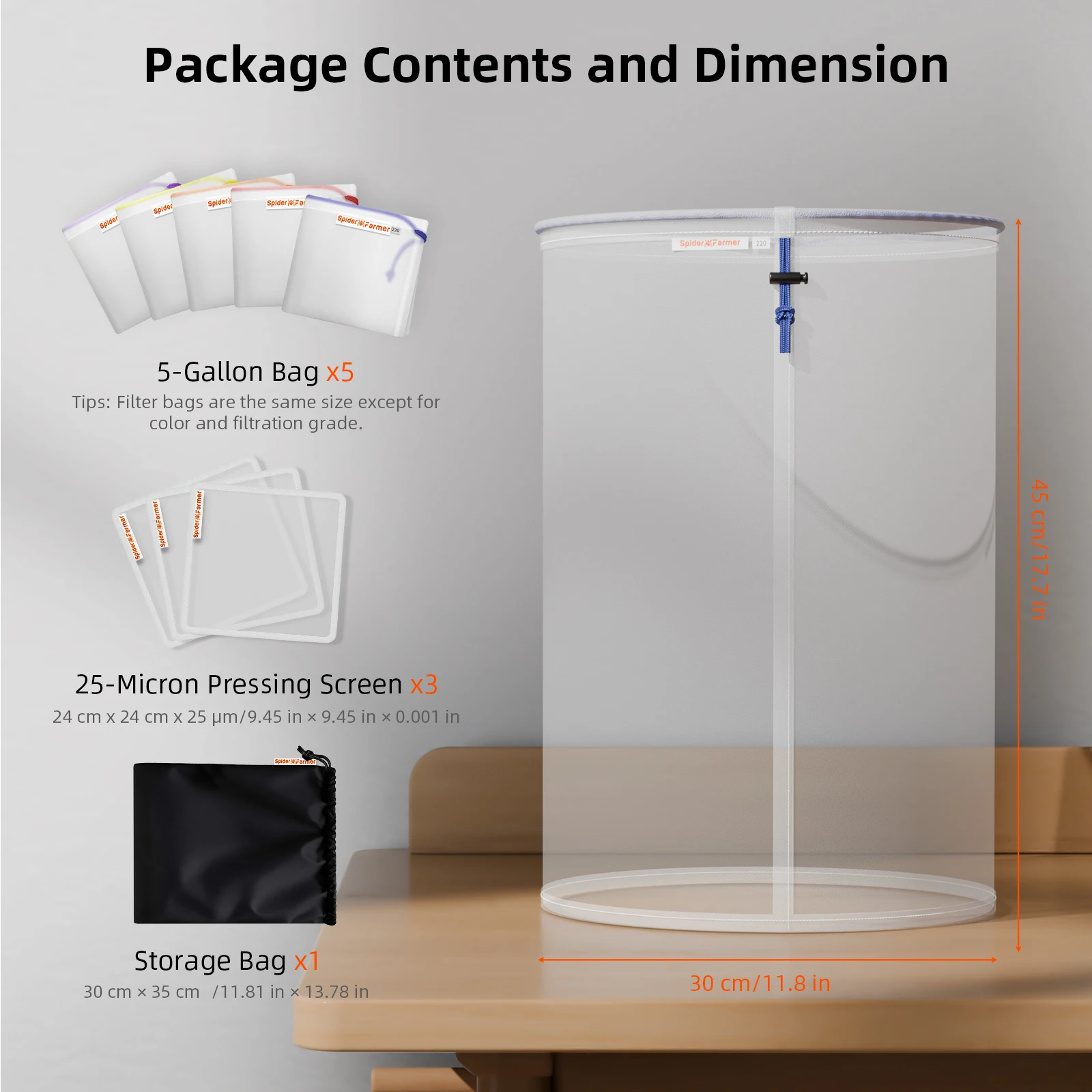 أكياس فلتر شبكية قابلة لإعادة الاستخدام سعة 5 جالون من Spider Farmer |   مع شاشة الفلتر وحقيبة التخزين |   25-220 ميكرون للنباتات