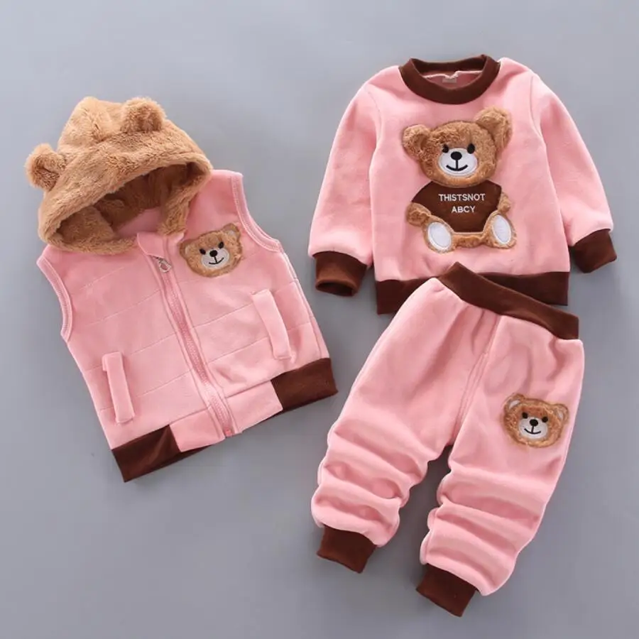 Children Cotton Clothes Set Autumn Winter Thicken Fleece Hoodies Sweater Pants Vest 3pcs Outfits Boys Suits Girls Warm Outerwear