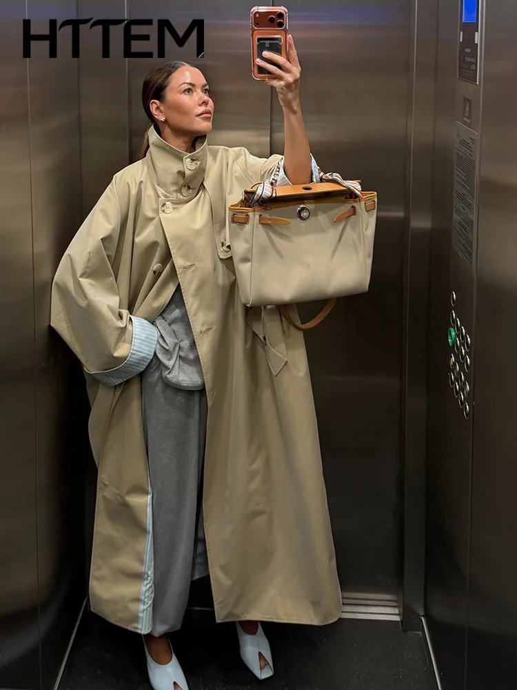Women's Autumn Oversized Trench Coat Chic Single Breasted Lapel Stripe Lining High Slit Windbreaker Autumn Lady Commute Outwear