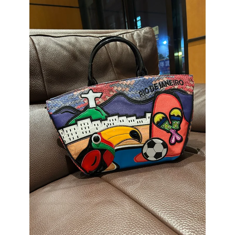 

Rio de Janeiro Cityscape Embroidery Handbag, Colorful Artistic Tote Bag with Toucan & Soccer Design, Novelty Top Handle Purse