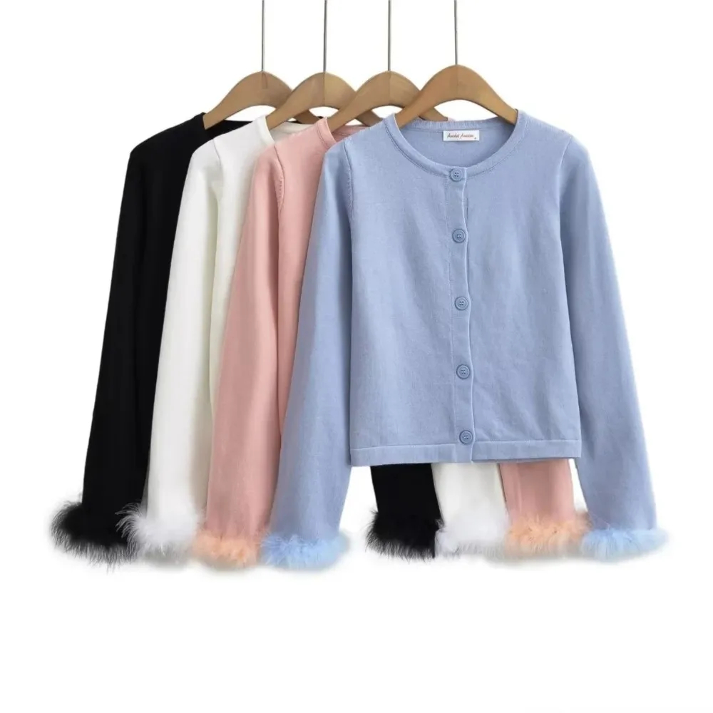 American Retro Button Through Pointelle Knit Cardigan Sweater Woman O collar Shaggy Feather Cuff Long Sleeve Jumper Knitwear