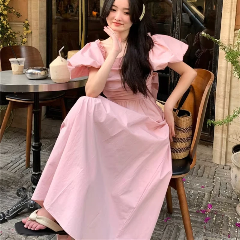 Sweet Pink Bow Knot Dress Women's Summer Bubble Sleeve A-line Long Backless Dress Elegant Square Collar Holiday Party Vestidos