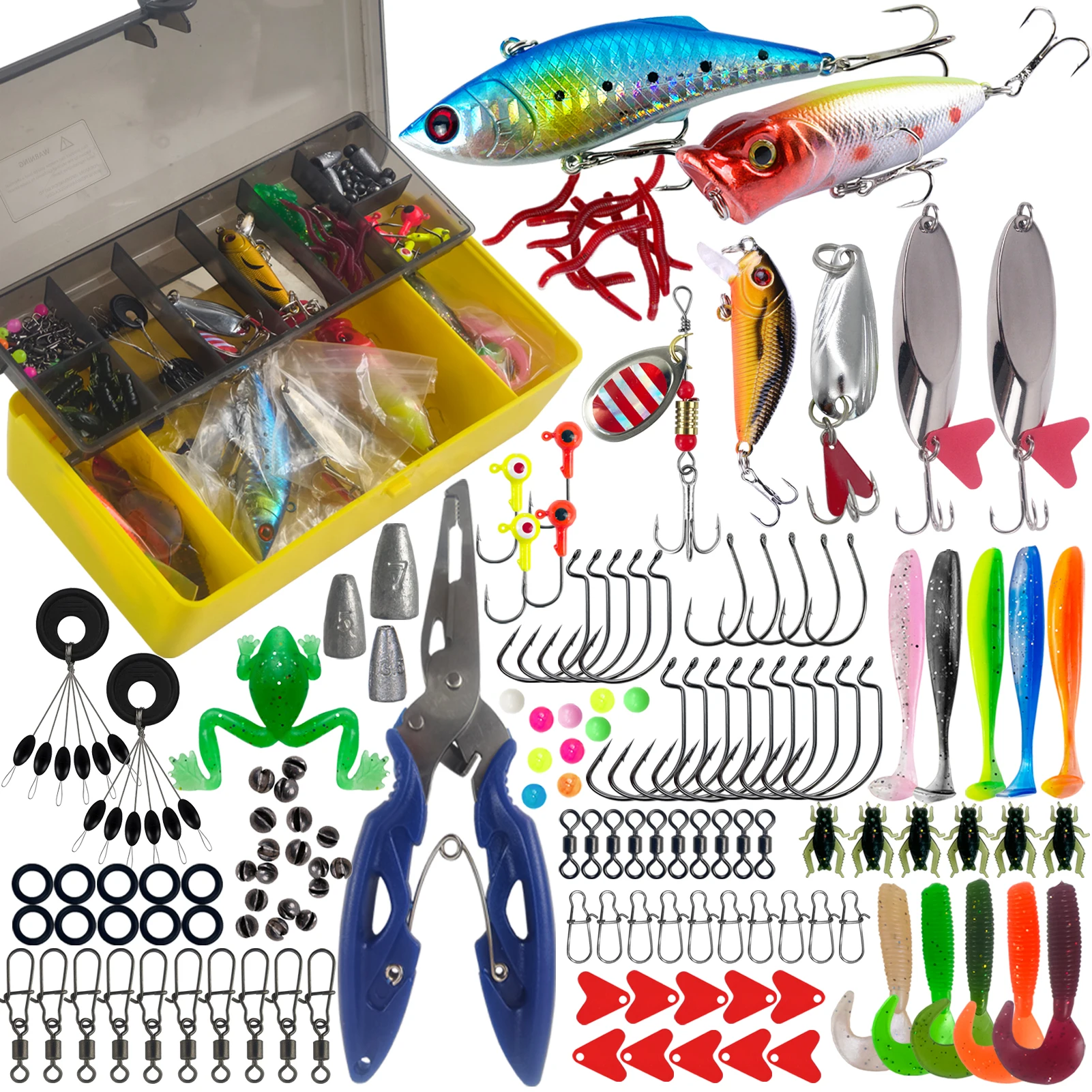 

БЕСПЛАТНАЯ коробка для рыболовных снастей FISHER, 145 шт. комплект рыболовных приманок, VIB Minnow Popper, мягкий червь, рыболовные плоскогубцы, крючки для спиннербейта, аксессуары